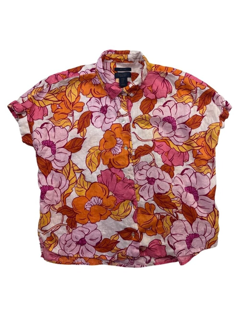 Rachel Roy Linen Floral Hawaiian Shirt Sz M Cropped Tropical Button Up Resort